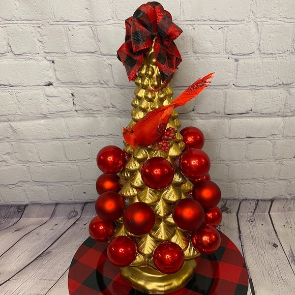 Christmas Gold Cardinal Bird Tree Center Piece Decor RED BUFFALO PLAID - Picture 5 of 6